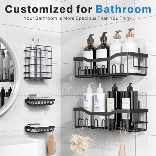 5-Pack Rustproof Stainless Metal Adhesive Bathe Caddy Set - Giant Capability No-Drill Rest room Organizers for Storage and Residence Decor