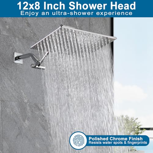 POP SANITARYWARE All-Steel Chrome Rain Bathe Head, 12-Inch Stainless Metal Rainfall Showerhead with Adjustable Extension Arm and Excessive-Strain Removable Design