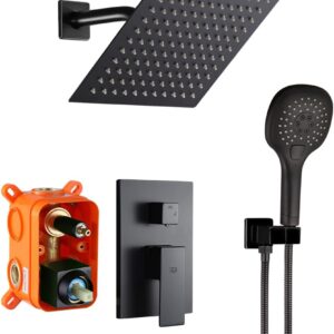 POP SANITARYWARE Black Bathe System: Full Wall-Mounted Rest room Rainfall Bathe Faucet Set with 8-Inch Bathe Head, Deal with, Tough-In Valve Physique, and Trim Equipment