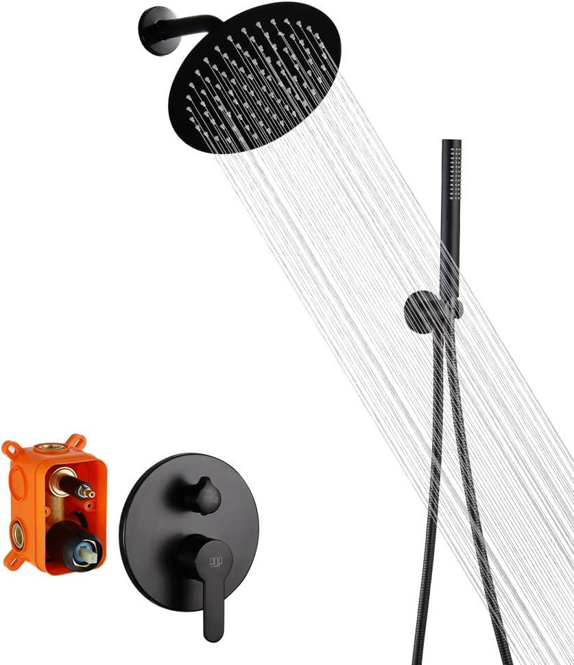 POP SANITARYWARE Black Bathe System – Full Wall-Mounted Rainfall Bathe Faucet Set with 8-Inch Bathe Head, Deal with, Tough-in Valve Physique, and Trim Package for the Rest room