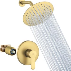 POP SANITARYWARE Brushed Gold Bathe Faucet Set – Wall-Mounted 8-Inch Rainfall Bathe Head System with Single Deal with Trim Package and Tough-in Valve for Bogs