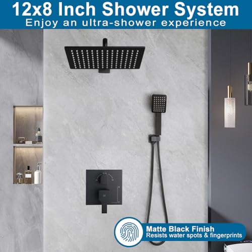 POP SANITARYWARE Matte Black Rain Bathe Faucet Set with 12-Inch Bathe Head and Deal with - Wall-Mounted Lavatory Rain Bathe System Together with Bathe Valve and Trim Package