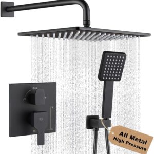 POP SANITARYWARE Matte Black Rain Bathe Faucet Set with 12-Inch Bathe Head and Deal with – Wall-Mounted Lavatory Rain Bathe System Together with Bathe Valve and Trim Package