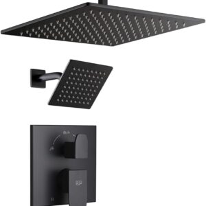 POP SANITARYWARE Matte Black Bathe Faucet Set – Lavatory Rainfall Bathe System with 12-Inch Ceiling Mount Bathe Head and 6-Inch Wall Mount Bathe Head, Contains Bathe Valve…