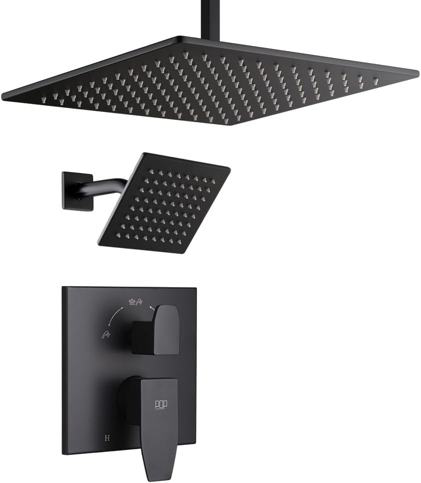 POP SANITARYWARE Matte Black Bathe Faucet Set – Lavatory Rainfall Bathe System with 12-Inch Ceiling Mount Bathe Head and 6-Inch Wall Mount Bathe Head, Contains Bathe Valve…