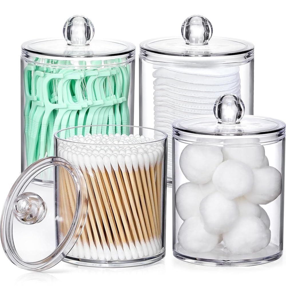 Set of 4 Clear Acrylic Q-tip Dispensers for Cotton Swabs, Balls, Pads, and Floss Picks – Small Apothecary Jars for Rest room Necessities and Vainness Decor