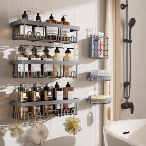 Veken Heavy-Responsibility Wall-Mounted Bathe Caddy Set of 6 – Spacious Cabinets Organizer with Cleaning soap Dish and Toothbrush Holder, Good for Storage Options